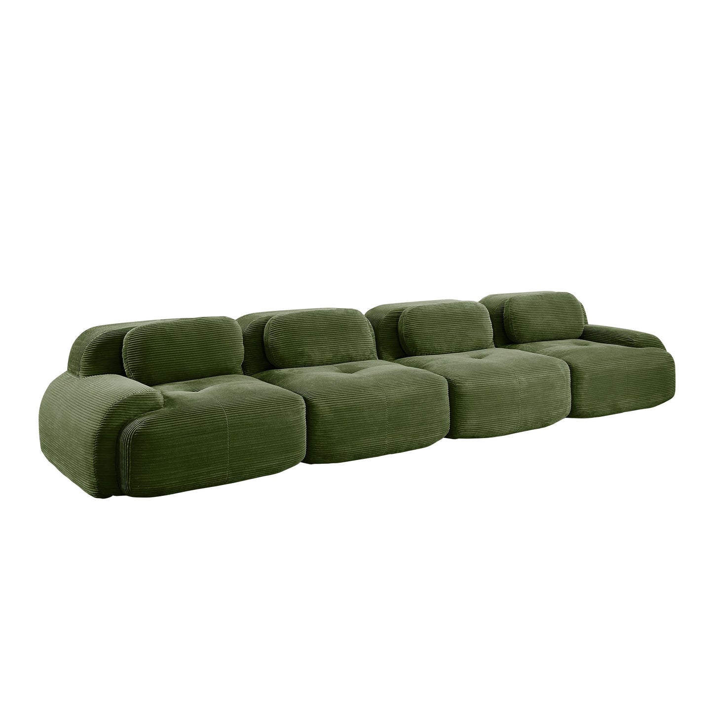 Olive Green corduroy boneless sectional, 4-seat layout, 45 degree view on a white background — Olive Green / 4-Seat