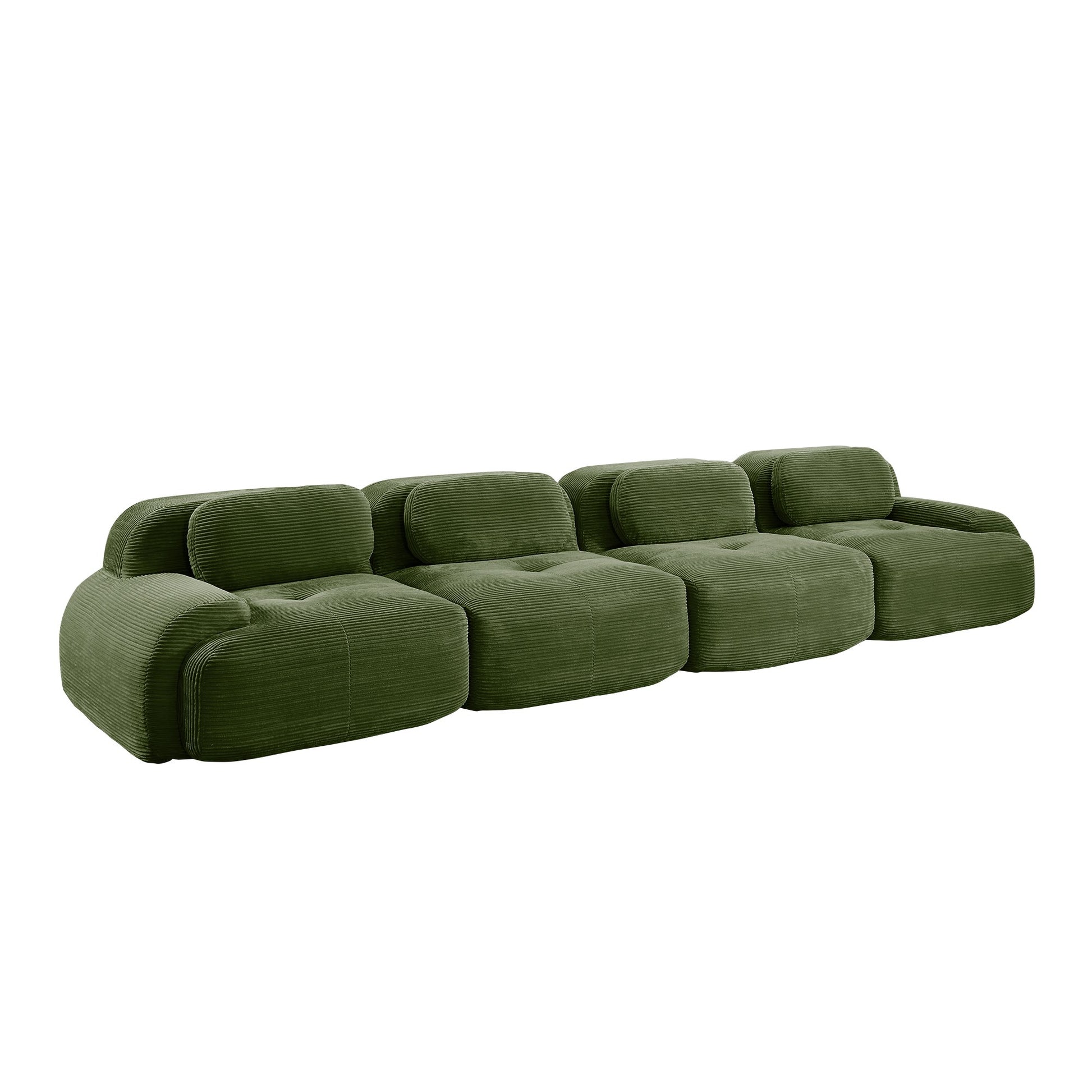 Olive Green corduroy boneless sectional, 4-seat layout, 45 degree view on a white background — Olive Green / 4-Seat