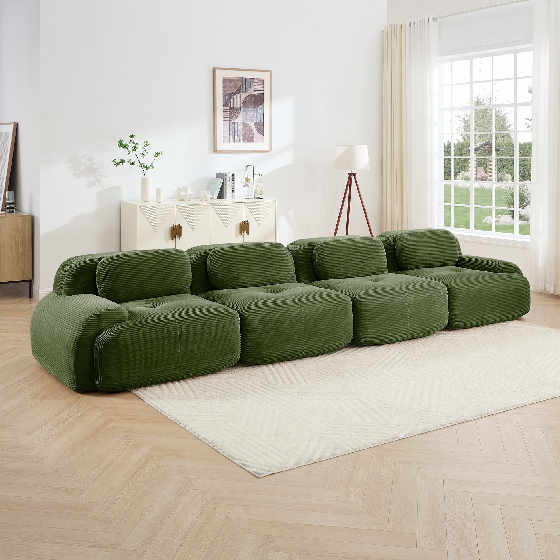 Olive Green corduroy boneless sectional, 4-seat layout, straight on view in a living room — Olive Green / 4-Seat