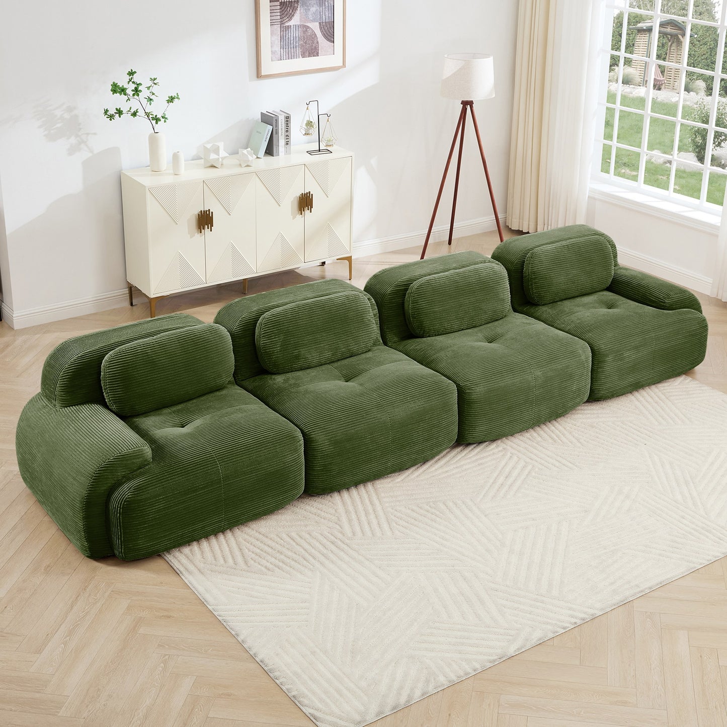 Olive Green corduroy boneless sectional, 4-seat layout, angled view in a bright living room — Olive Green / 4-Seat