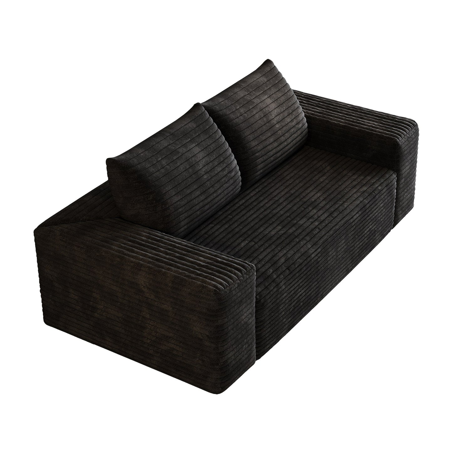 Black corduroy boneless sofa seen at 45 degrees, full 2-seat 63-inch frame-free foam body — Black / 2-Seat (63"W)