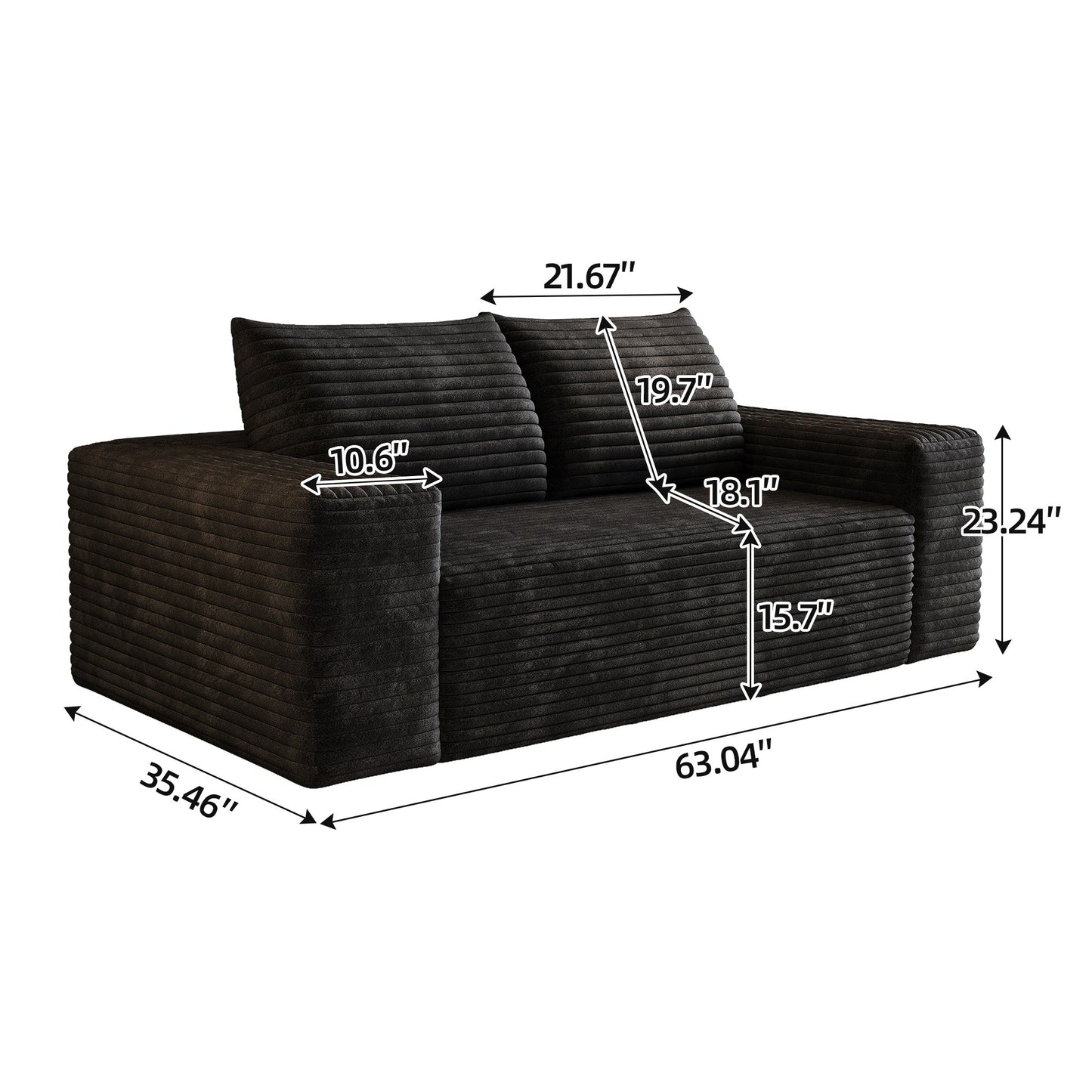 Dimensions: 63.04 in wide, 35.46 in deep, 23.24 in high, 21.67 in seat width, 18.1 in seat depth — Black / 2-Seat (63"W)