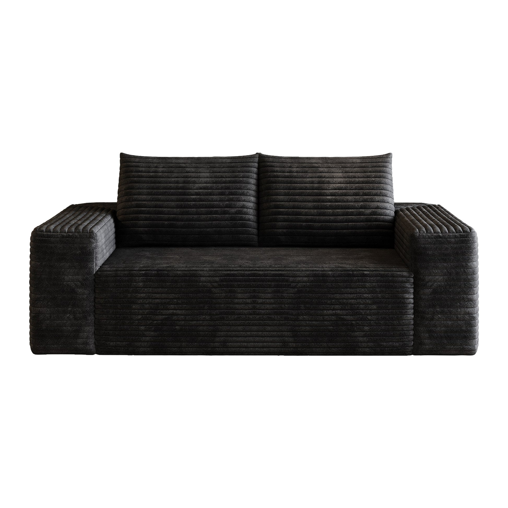 Black corduroy boneless sofa front view on a white background, 2-seat 63-inch — Black / 2-Seat (63"W)