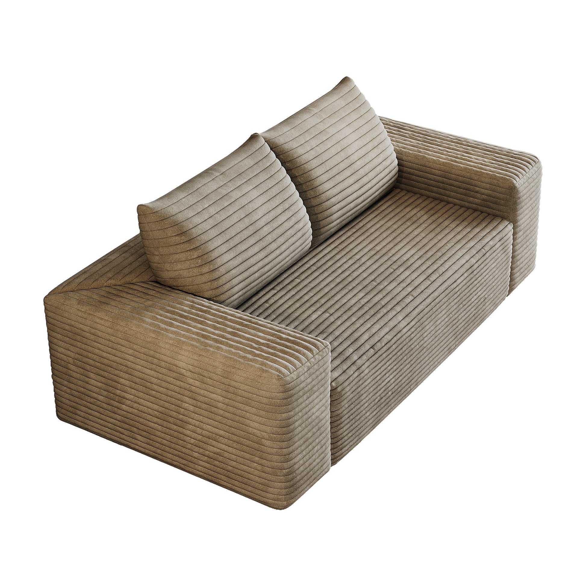 Camel corduroy boneless sofa seen at 45 degrees, full 2-seat 63-inch frame-free foam body — Camel / 2-Seat (63"W)