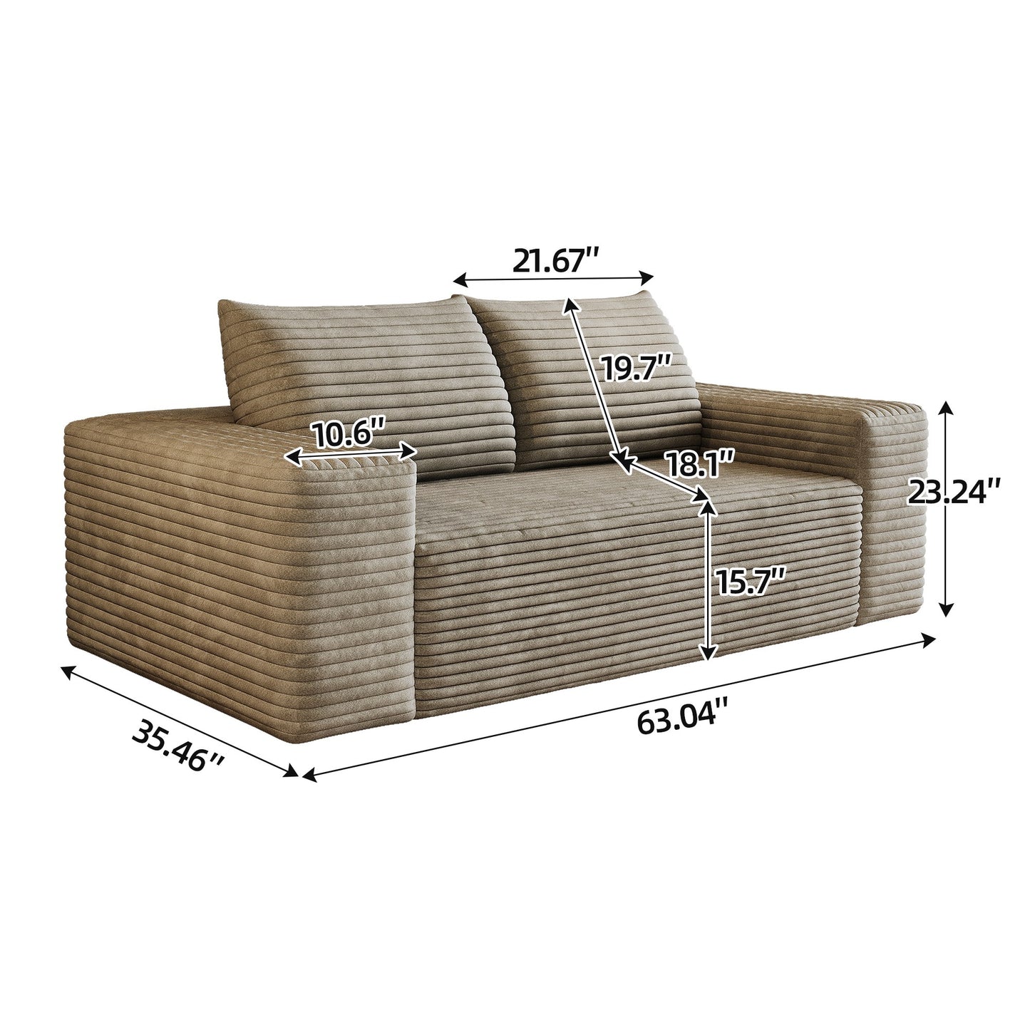 Dimensions: 63.04 in wide, 35.46 in deep, 23.24 in high, 21.67 in seat width, 18.1 in seat depth — Camel / 2-Seat (63"W)