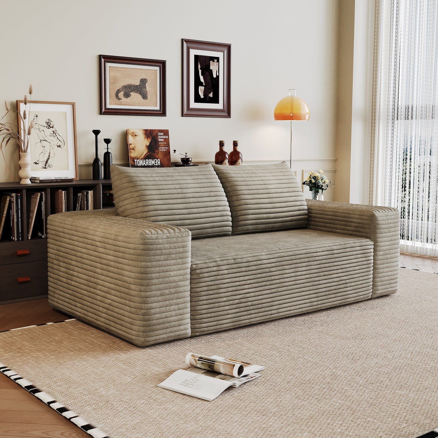 Camel corduroy boneless sofa, 2-seat 63-inch, angled view in a living room — Camel / 2-Seat (63"W)
