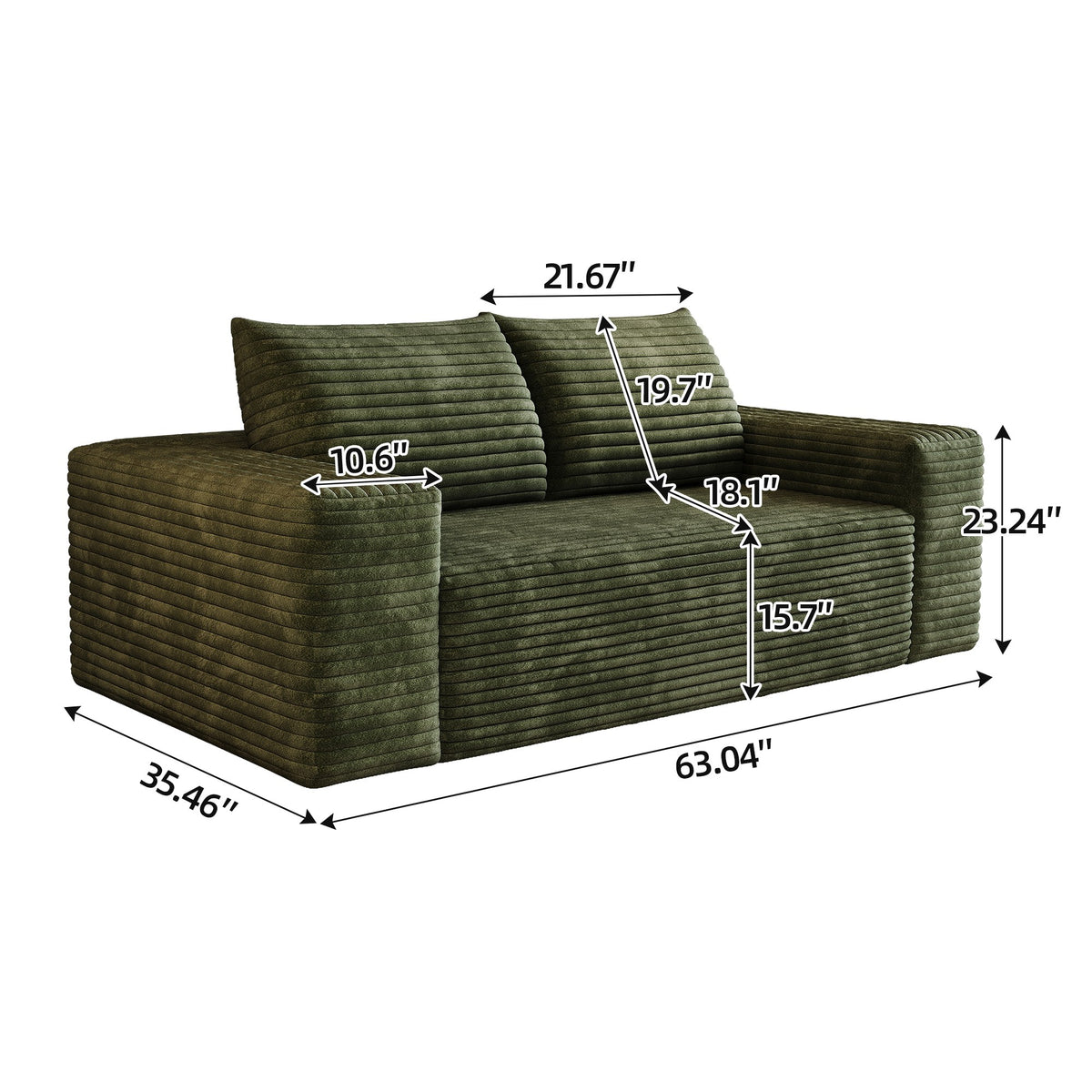 Dimensions: 63.04 in wide, 35.46 in deep, 23.24 in high, 21.67 in seat width, 18.1 in seat depth — Green / 2-Seat (63"W)