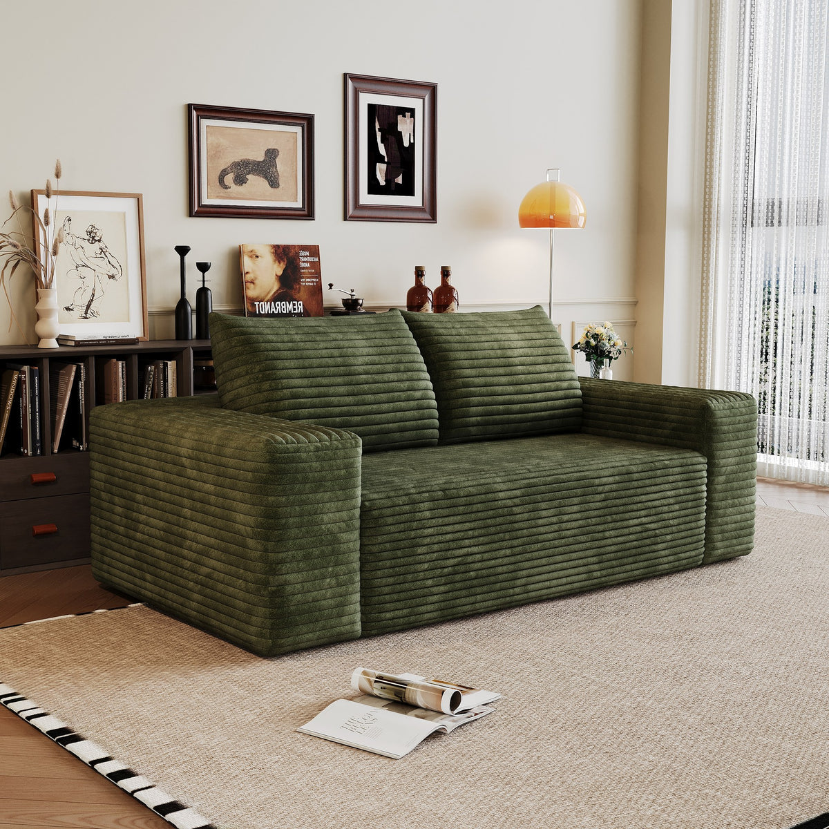 Green corduroy boneless sofa, 2-seat 63-inch, angled view in a living room — Green / 2-Seat (63"W)