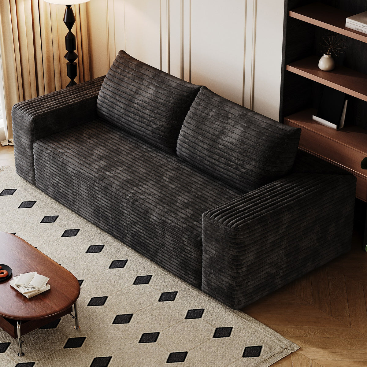 Black corduroy boneless sofa seen at 45 degrees, full 2-seat 71-inch frame-free foam body — Black / 2-Seat (71"W)