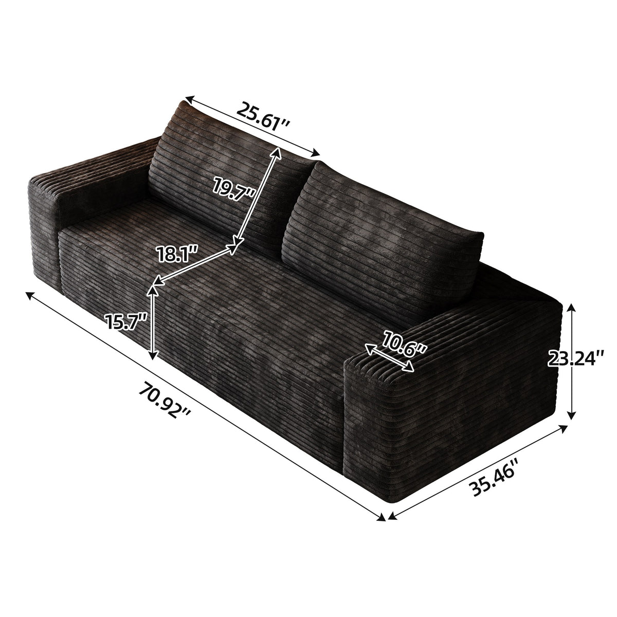 Dimensions: 70.92 in wide, 35.46 in deep, 23.24 in high, 25.61 in seat width, 18.1 in seat depth — Black / 2-Seat (71"W)