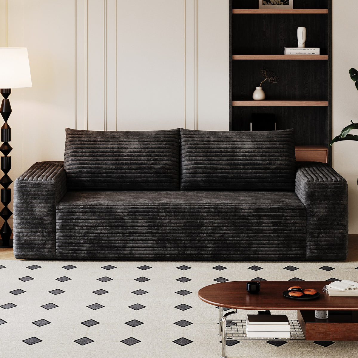 Black corduroy boneless sofa, 2-seat 71-inch, angled view in a living room — Black / 2-Seat (71"W)