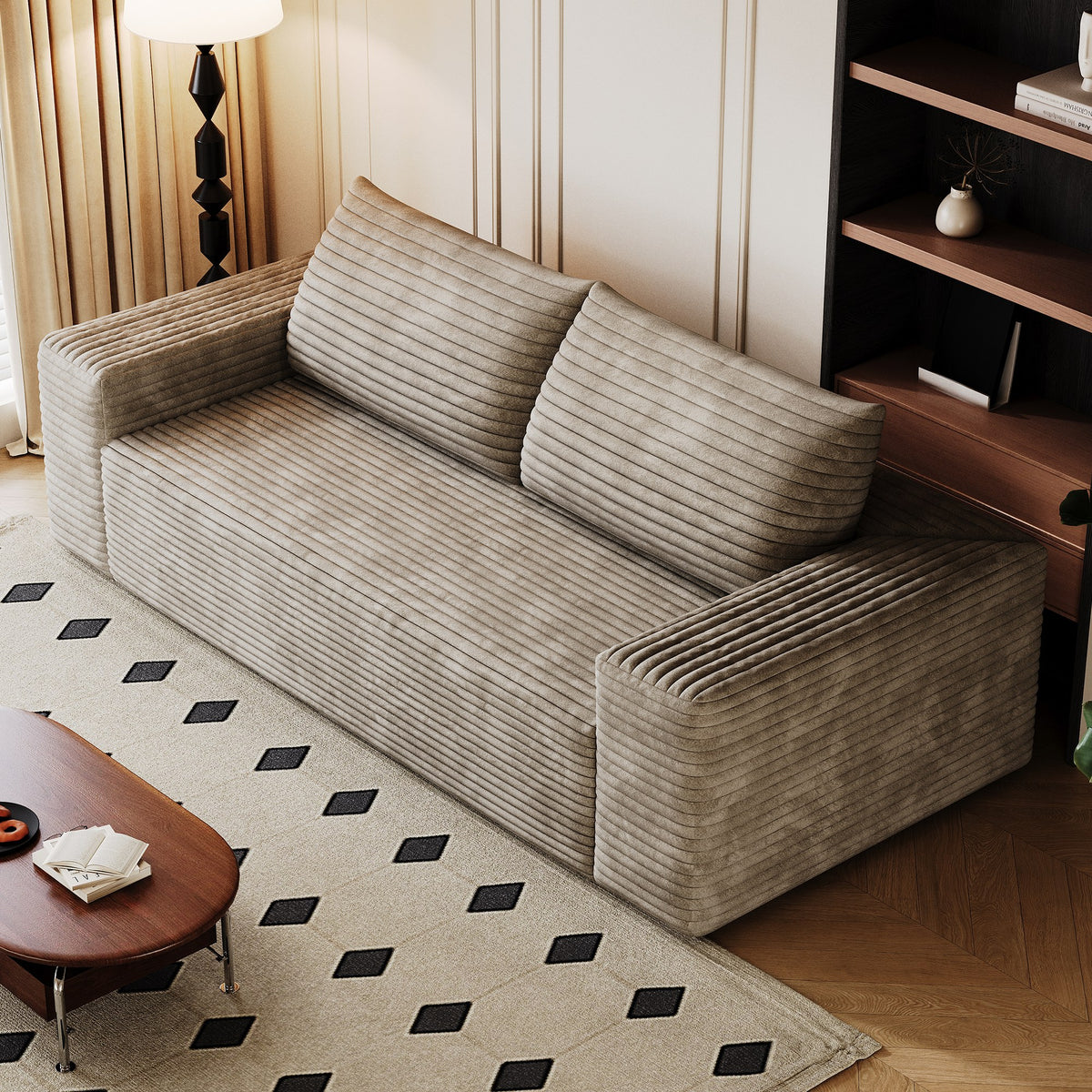 Camel corduroy boneless sofa seen at 45 degrees, full 2-seat 71-inch frame-free foam body — Camel / 2-Seat (71"W)