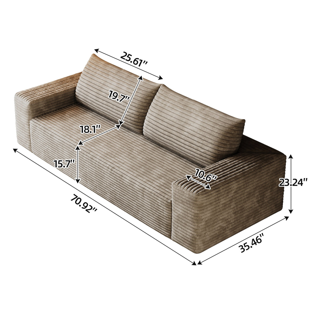 Dimensions: 70.92 in wide, 35.46 in deep, 23.24 in high, 25.61 in seat width, 18.1 in seat depth — Camel / 2-Seat (71"W)