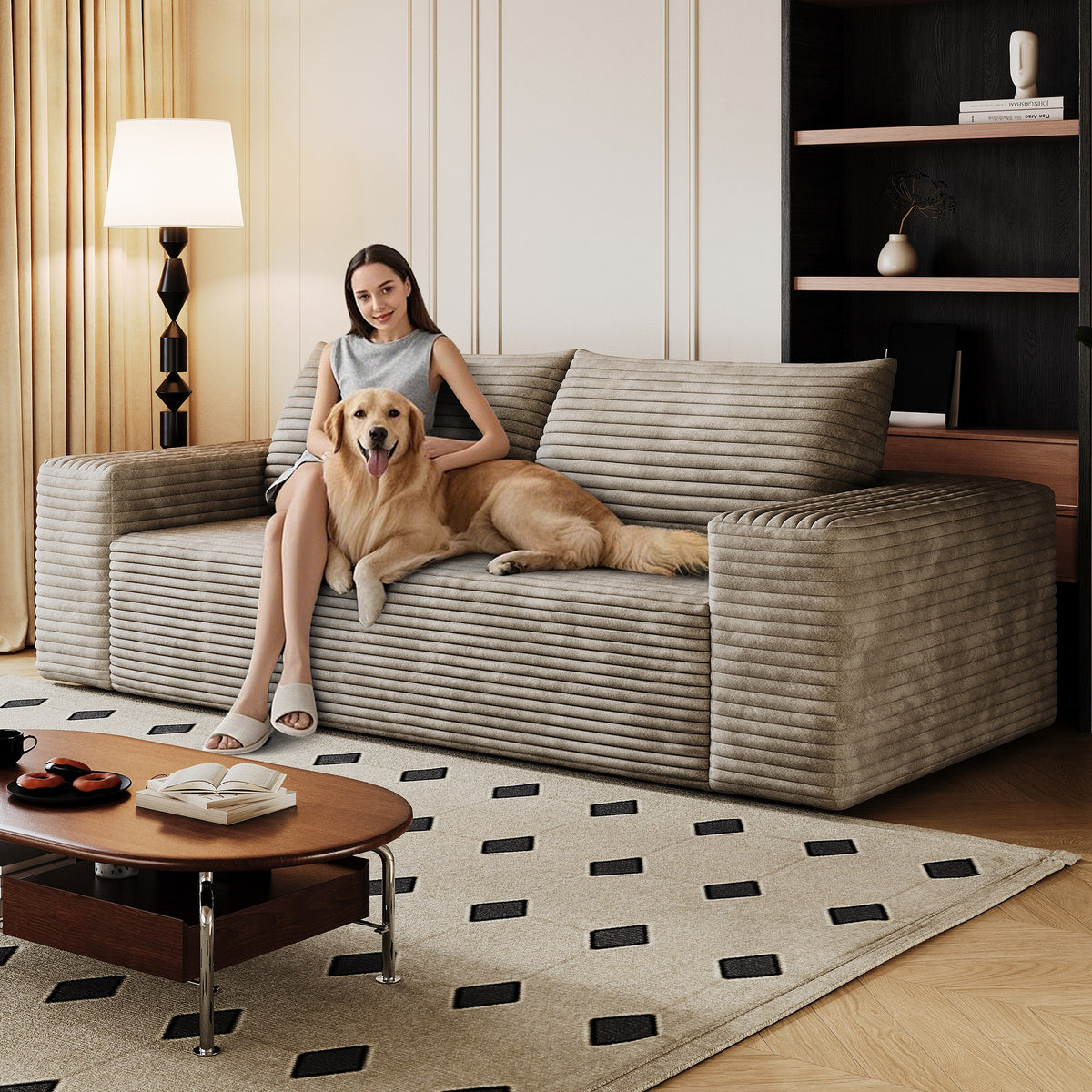 Woman relaxing on the camel corduroy boneless sofa, 2-seat 71-inch, showing seat depth — Camel / 2-Seat (71"W)