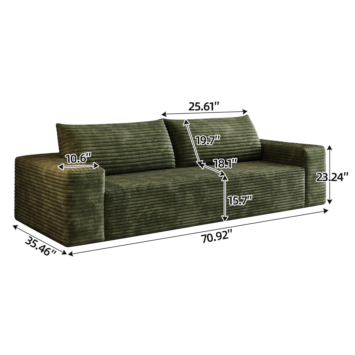 Dimensions: 70.92 in wide, 35.46 in deep, 23.24 in high, 25.61 in seat width, 18.1 in seat depth — Green / 2-Seat (71"W)