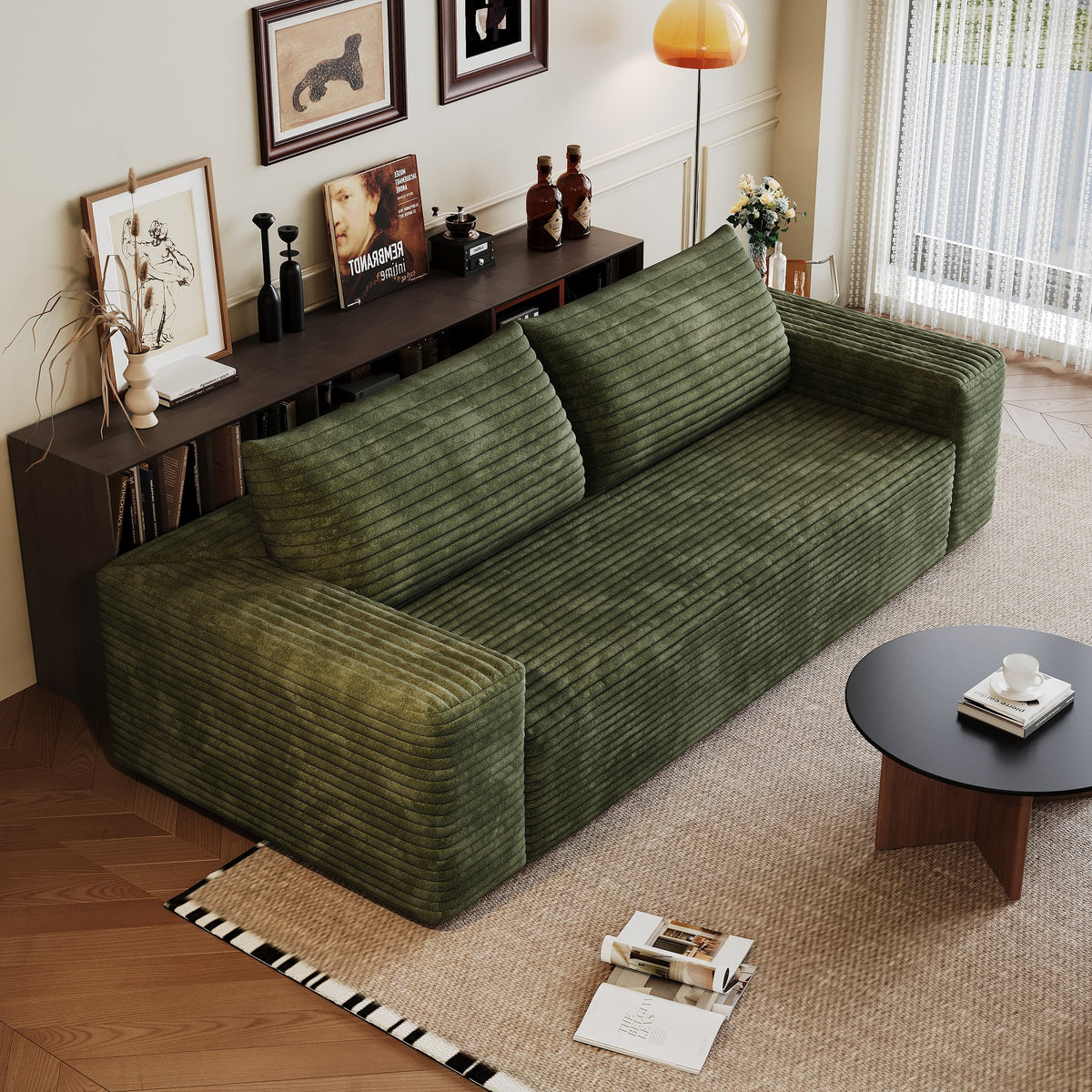 Green corduroy boneless sofa, 2-seat 71-inch, angled view in a living room — Green / 2-Seat (71"W)
