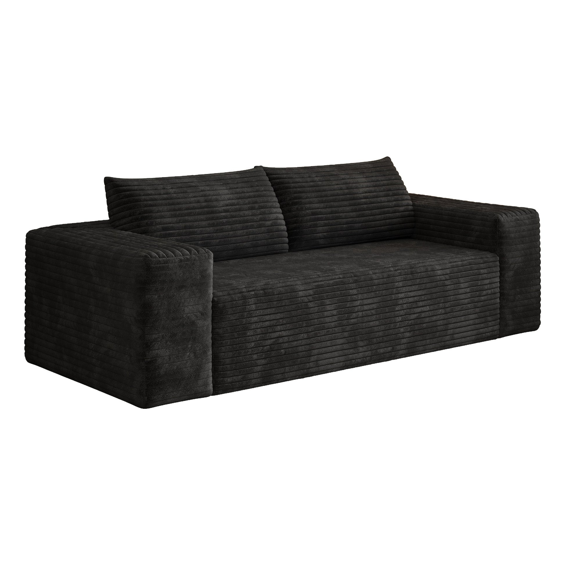 Black corduroy boneless sofa seen at 45 degrees, full 3-seat 78.8-inch frame-free foam body — Black / 3-Seat
