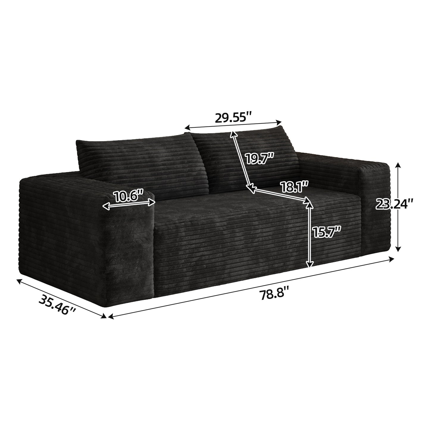 Dimensions: 78.8 in wide, 35.46 in deep, 23.24 in high, 29.55 in seat width, 18.1 in seat depth — Black / 3-Seat