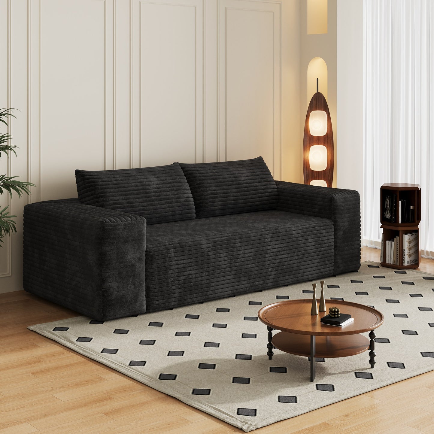 Black corduroy boneless sofa, 3-seat 78.8-inch, angled view in a living room — Black / 3-Seat
