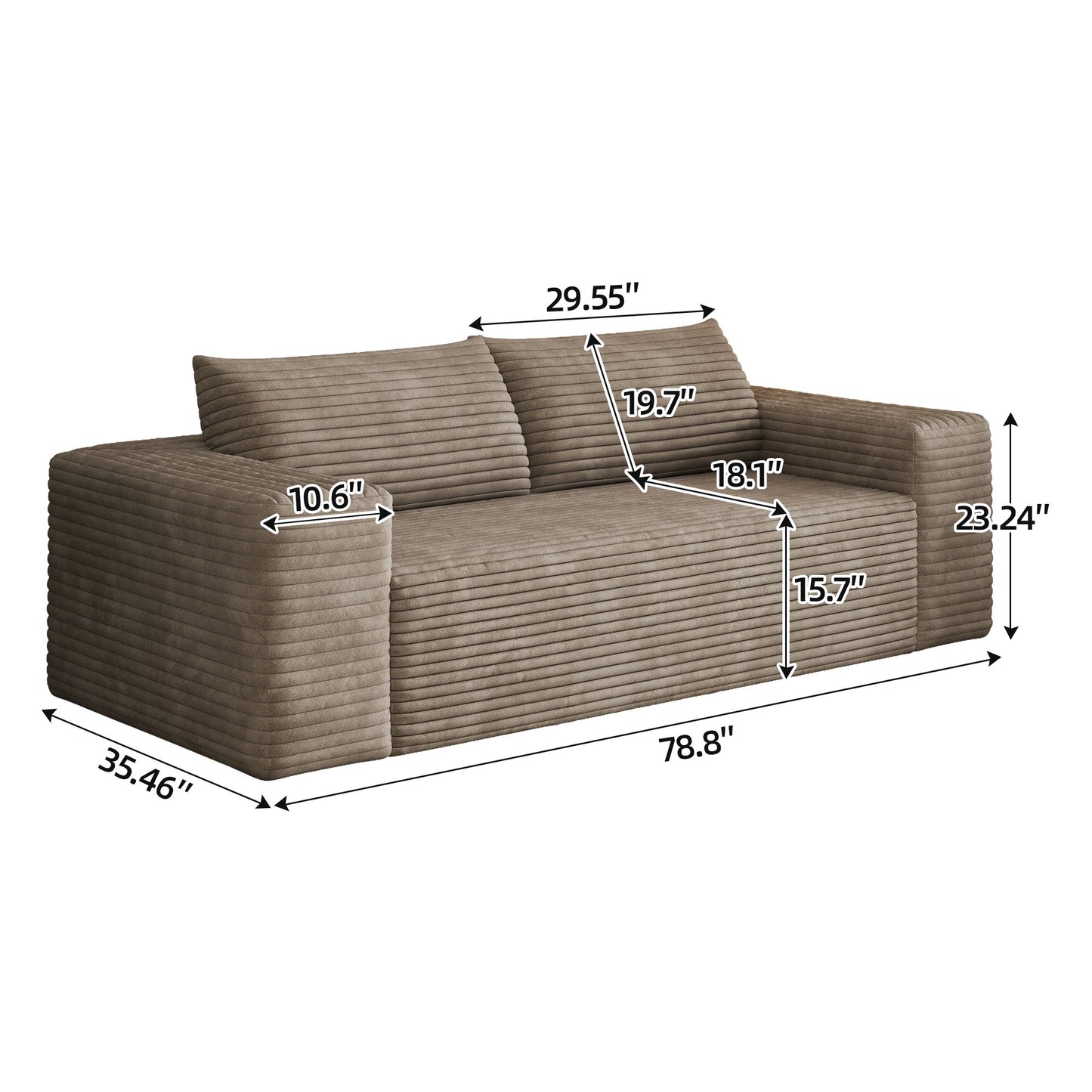 Dimensions: 78.8 in wide, 35.46 in deep, 23.24 in high, 29.55 in seat width, 18.1 in seat depth — Camel / 3-Seat