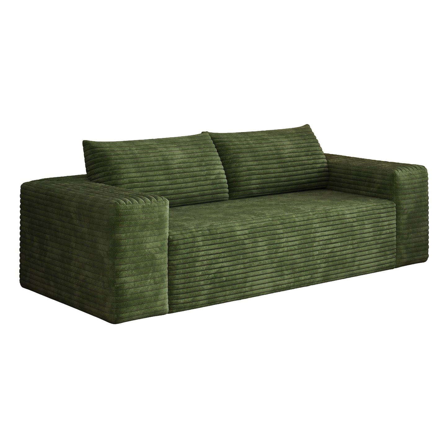 Green corduroy boneless sofa seen at 45 degrees, full 3-seat 78.8-inch frame-free foam body — Green / 3-Seat