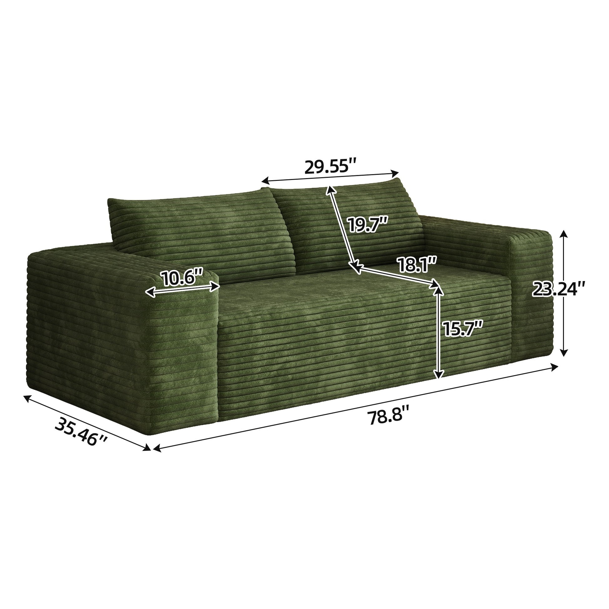 Dimensions: 78.8 in wide, 35.46 in deep, 23.24 in high, 29.55 in seat width, 18.1 in seat depth — Green / 3-Seat