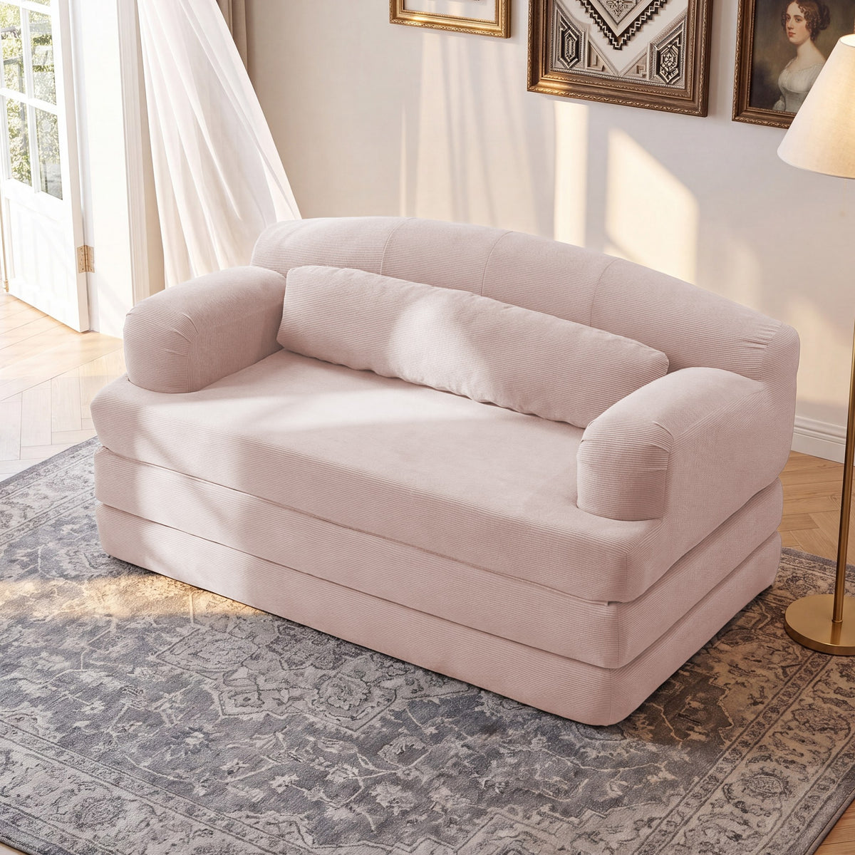 Corduroy Boneless Sofa Bed — 2-Seat, 57"W — Baby Pink