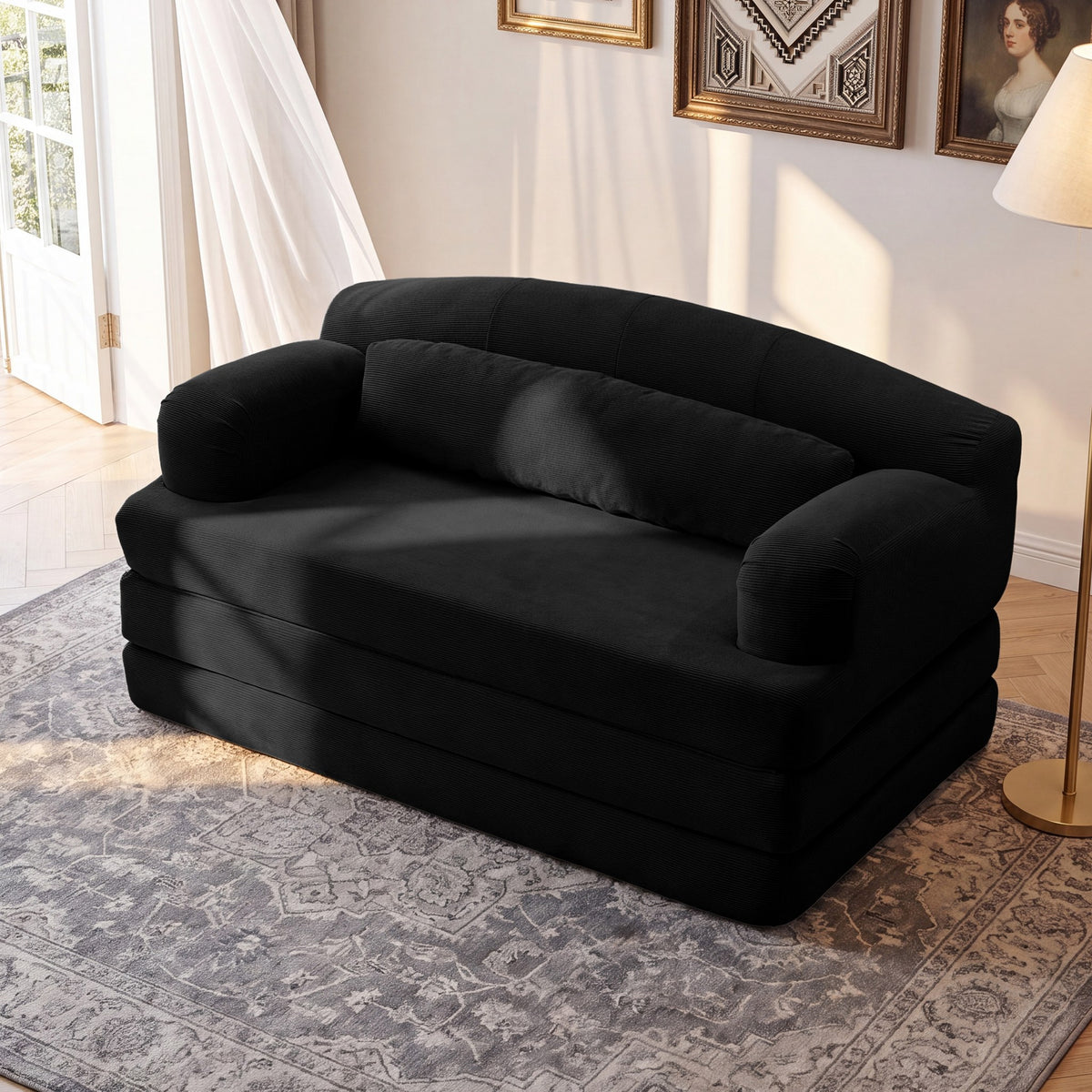 Corduroy Boneless Sofa Bed — 2-Seat, 57"W — Black