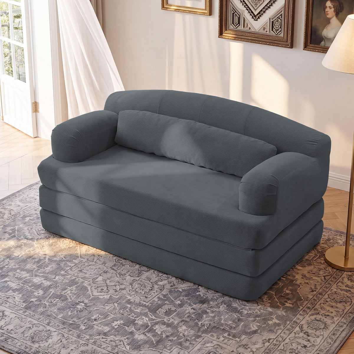 Corduroy Boneless Sofa Bed — 2-Seat, 57"W — Dark Gray