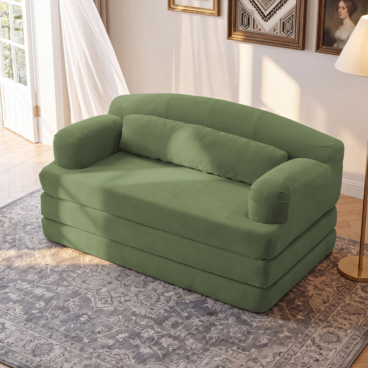Corduroy Boneless Sofa Bed — 2-Seat, 57"W — Grayish Green