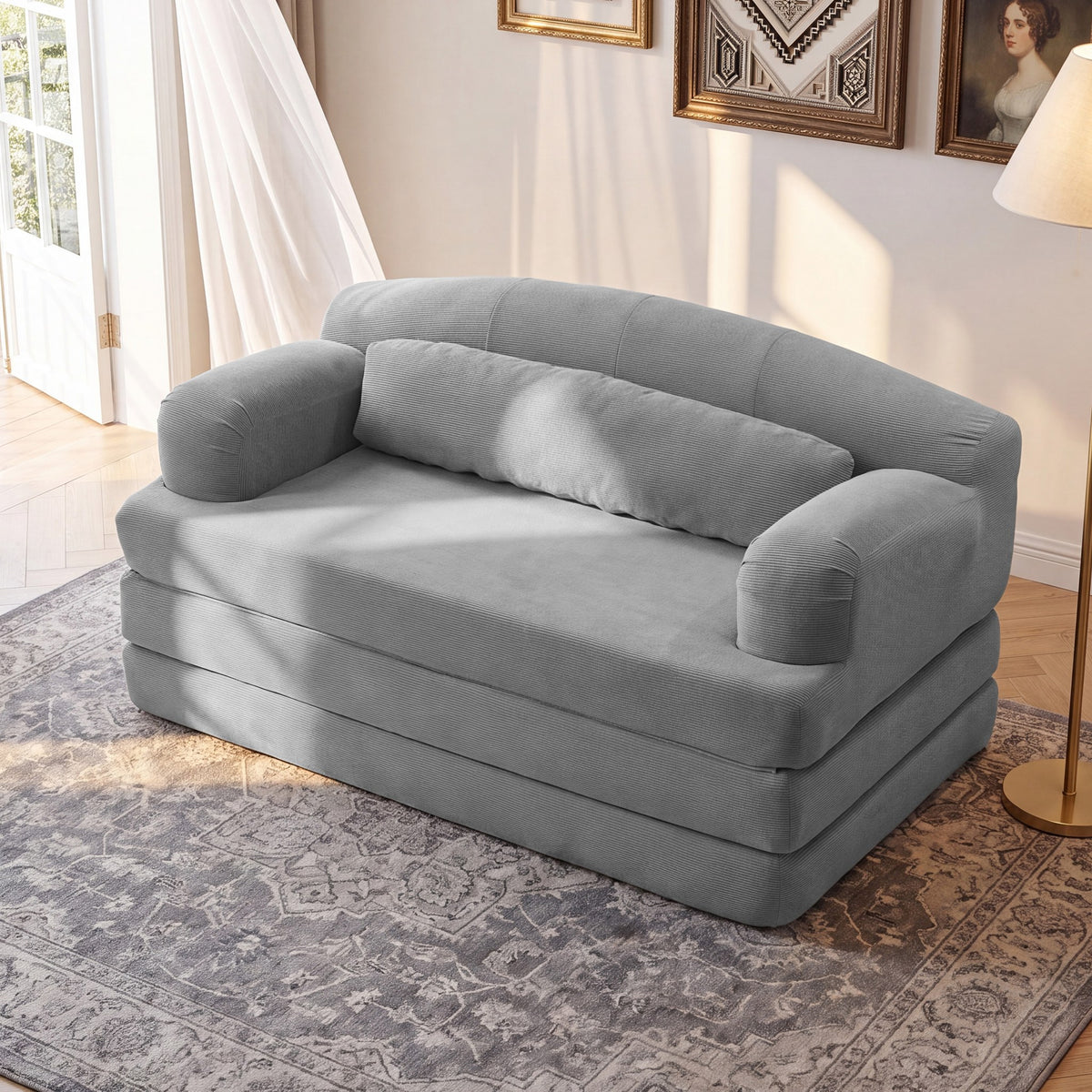 Corduroy Boneless Sofa Bed — 2-Seat, 57"W — Light Gray