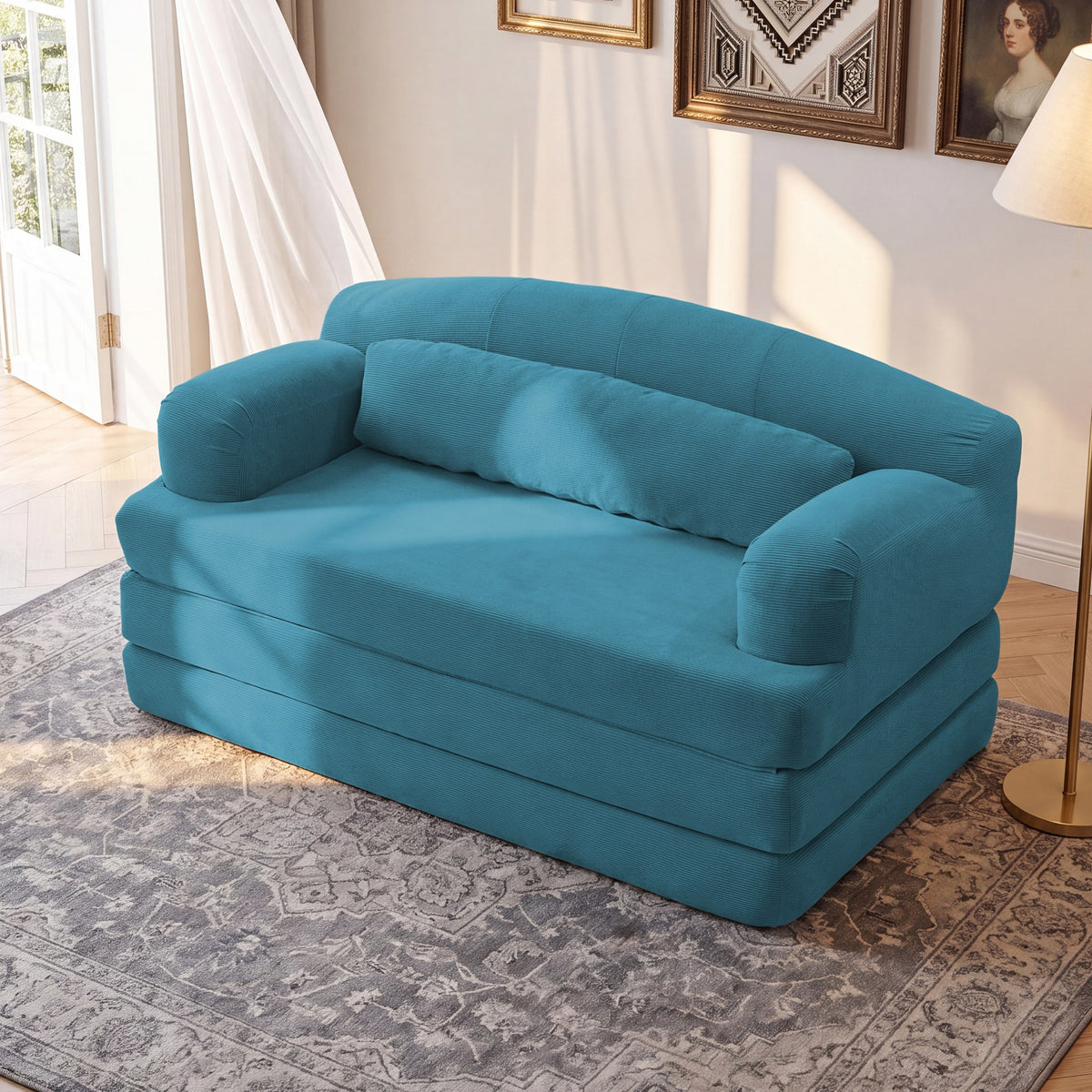 Corduroy Boneless Sofa Bed — 2-Seat, 57"W — Sky Blue