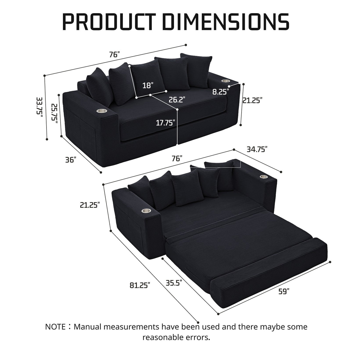 Corduroy Boneless Sofa Bed — 2-Seat, 76"W, 33"H — Black