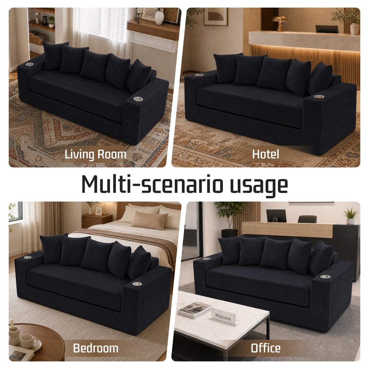 Corduroy Boneless Sofa Bed — 2-Seat, 76"W, 33"H — Black
