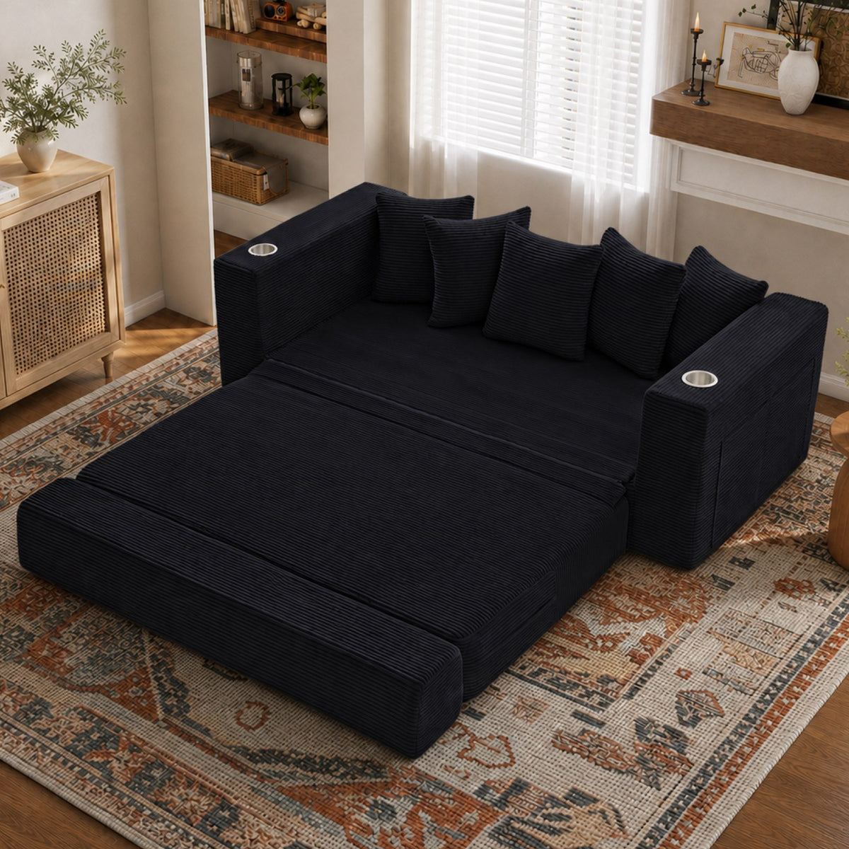 Corduroy Boneless Sofa Bed — 2-Seat, 76"W, 33"H — Black