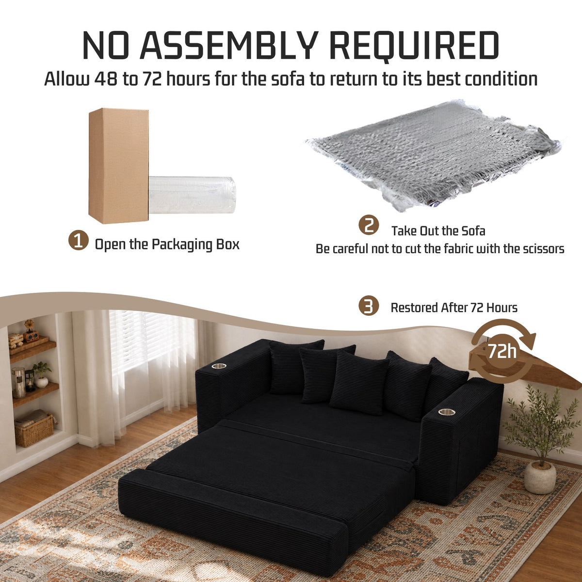 Corduroy Boneless Sofa Bed — 2-Seat, 76"W, 33"H — Black