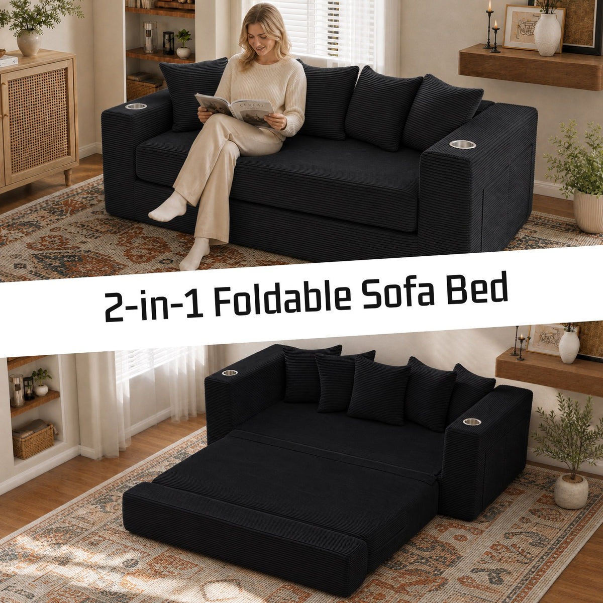 Corduroy Boneless Sofa Bed — 2-Seat, 76"W, 33"H — Black