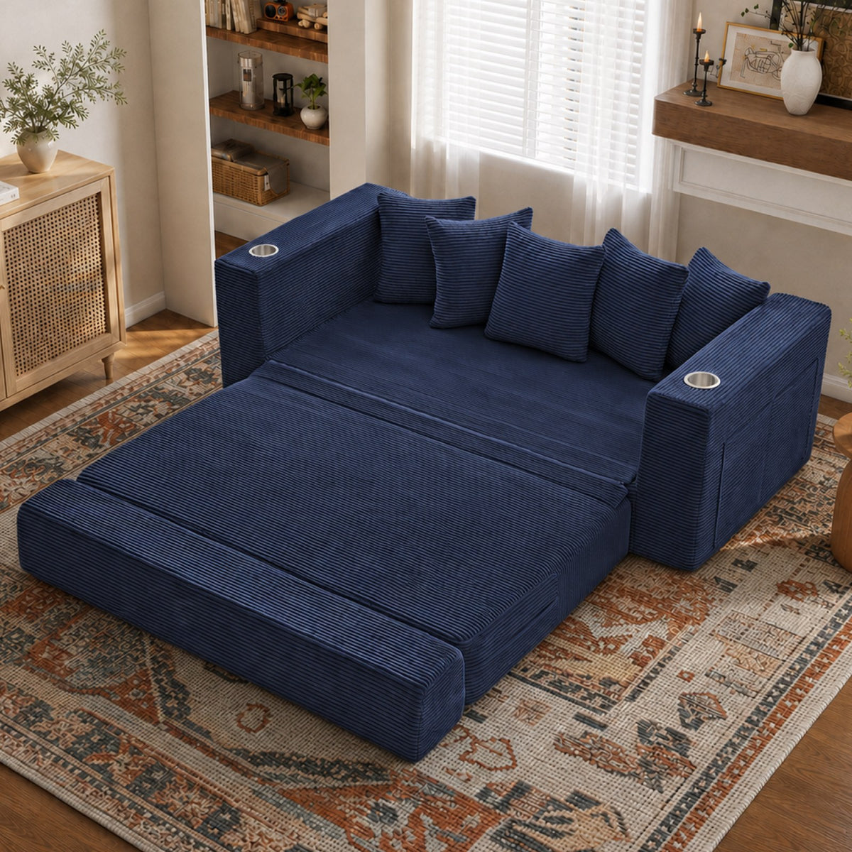 Corduroy Boneless Sofa Bed — 2-Seat, 76"W, 33"H — Blue