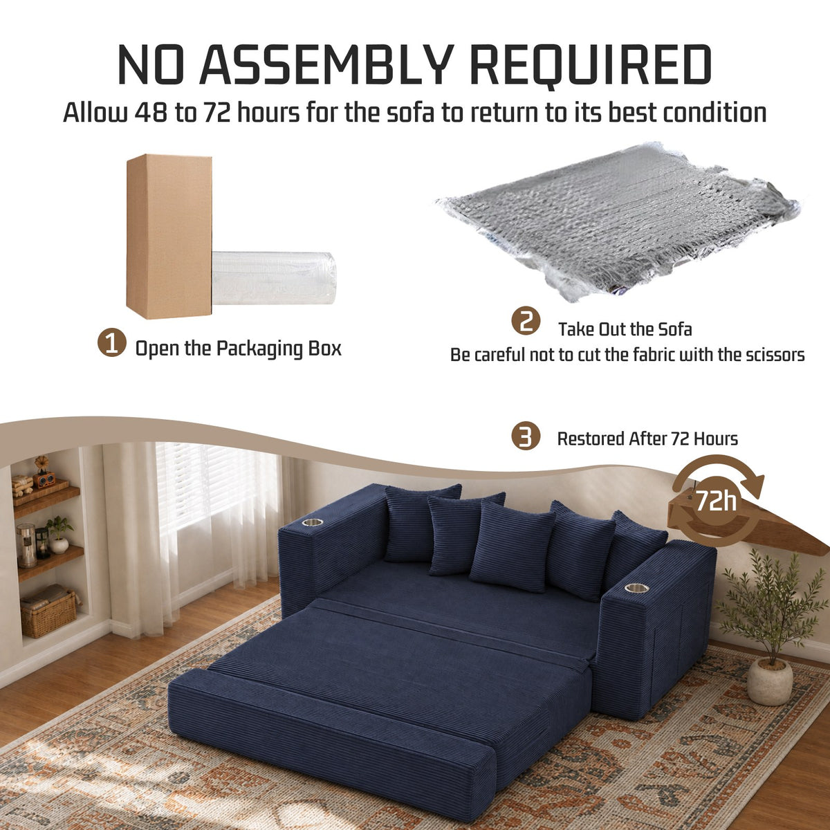 Corduroy Boneless Sofa Bed — 2-Seat, 76"W, 33"H — Blue
