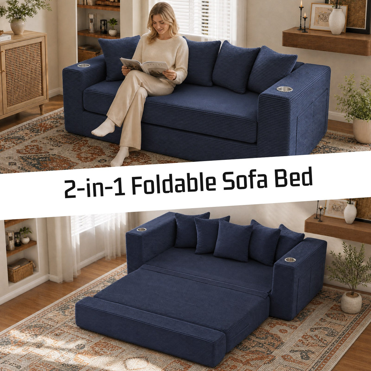 Corduroy Boneless Sofa Bed — 2-Seat, 76"W, 33"H — Blue
