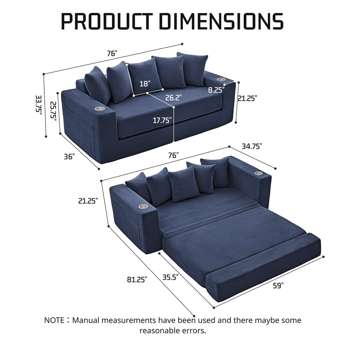 Corduroy Boneless Sofa Bed — 2-Seat, 76"W, 33"H — Blue