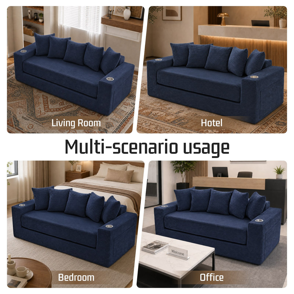 Corduroy Boneless Sofa Bed — 2-Seat, 76"W, 33"H — Blue