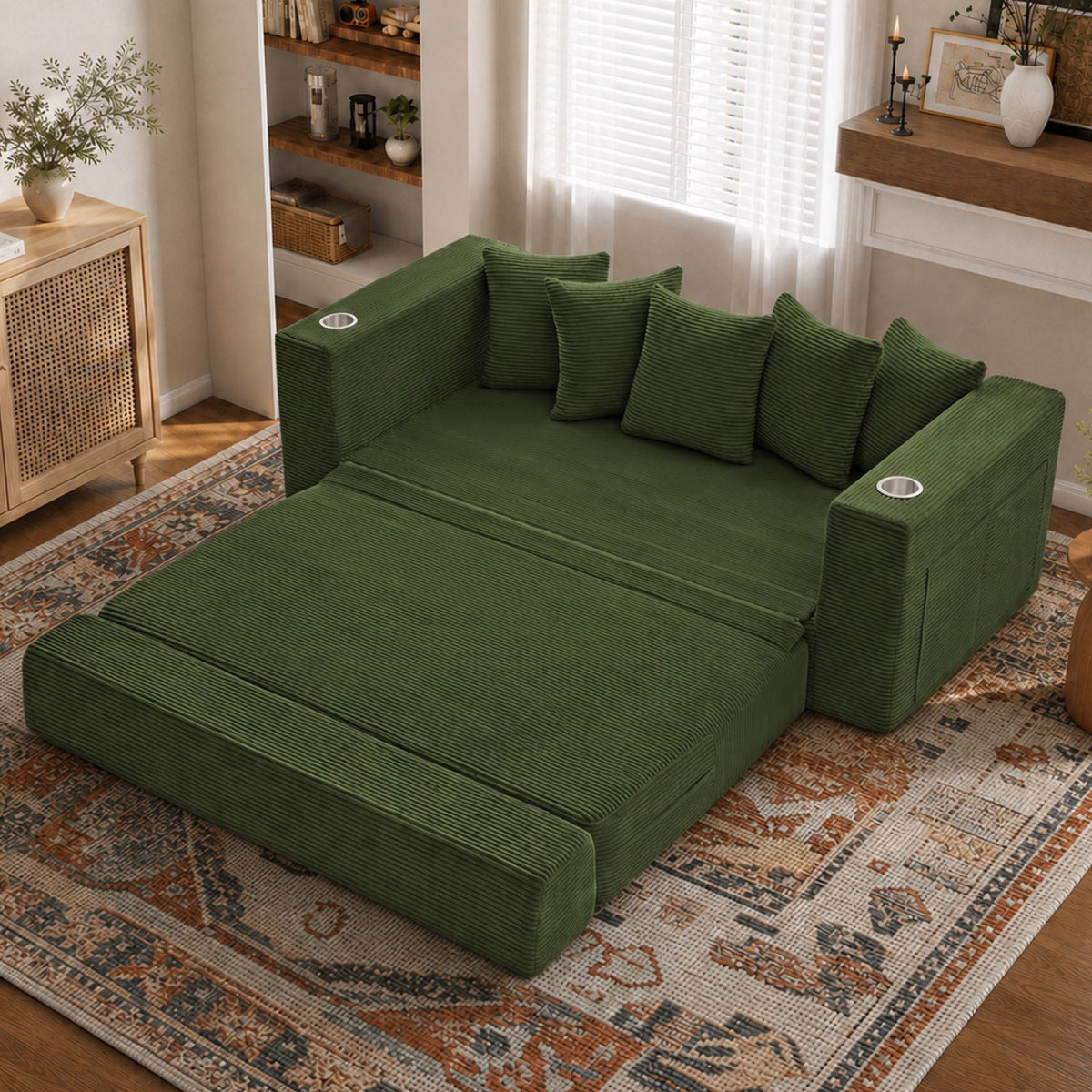 Corduroy Boneless Sofa Bed — 2-Seat, 76"W, 33"H — Green