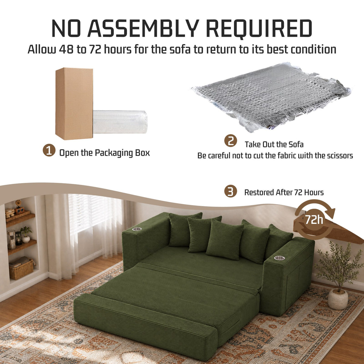 Corduroy Boneless Sofa Bed — 2-Seat, 76"W, 33"H — Green