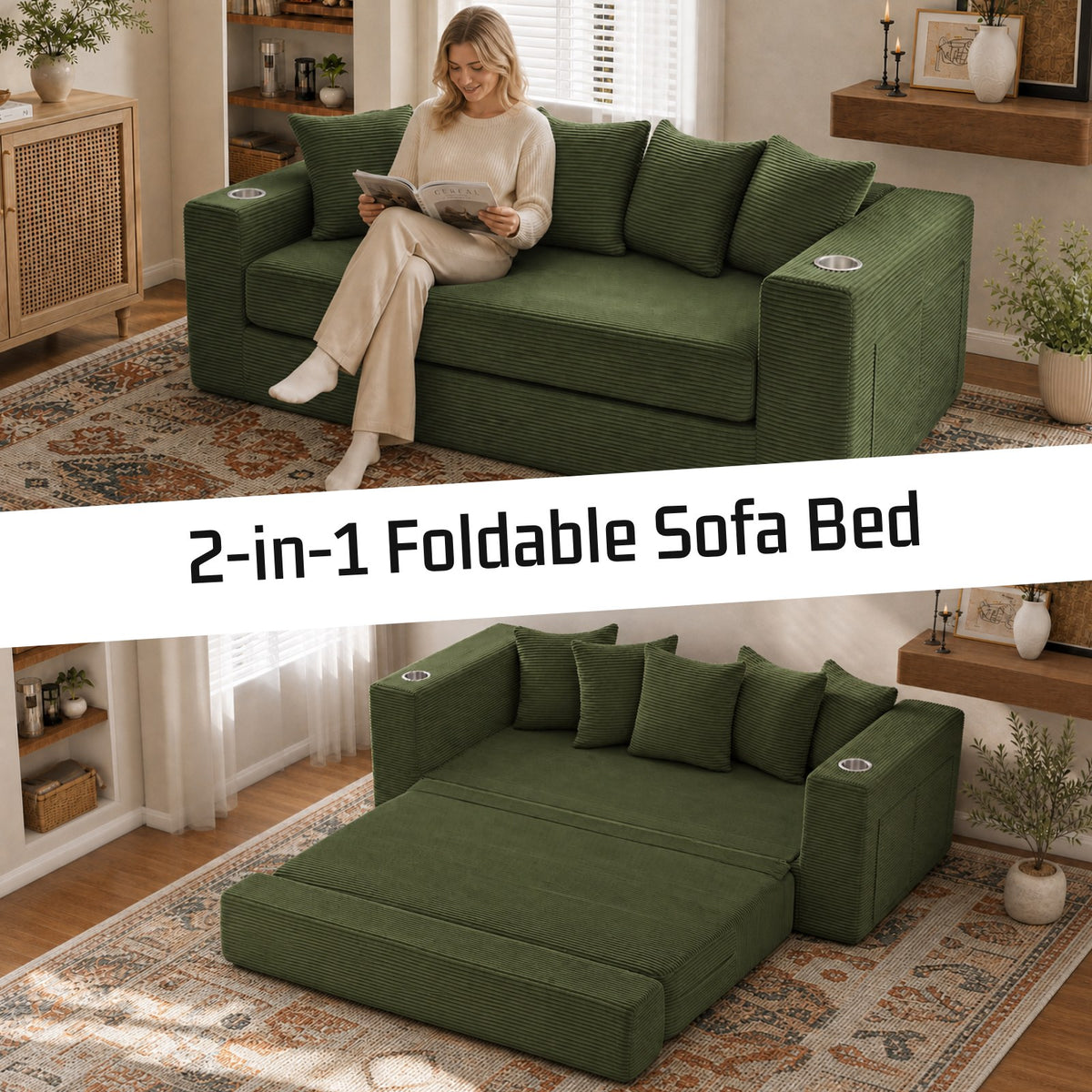 Corduroy Boneless Sofa Bed — 2-Seat, 76"W, 33"H — Green