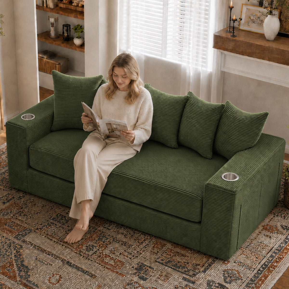Corduroy Boneless Sofa Bed — 2-Seat, 76"W, 33"H — Green