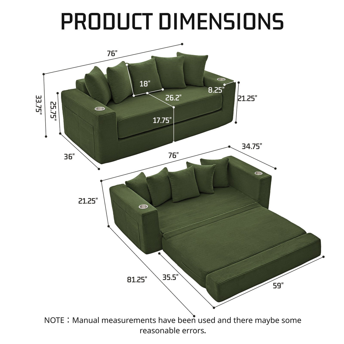 Corduroy Boneless Sofa Bed — 2-Seat, 76"W, 33"H — Green