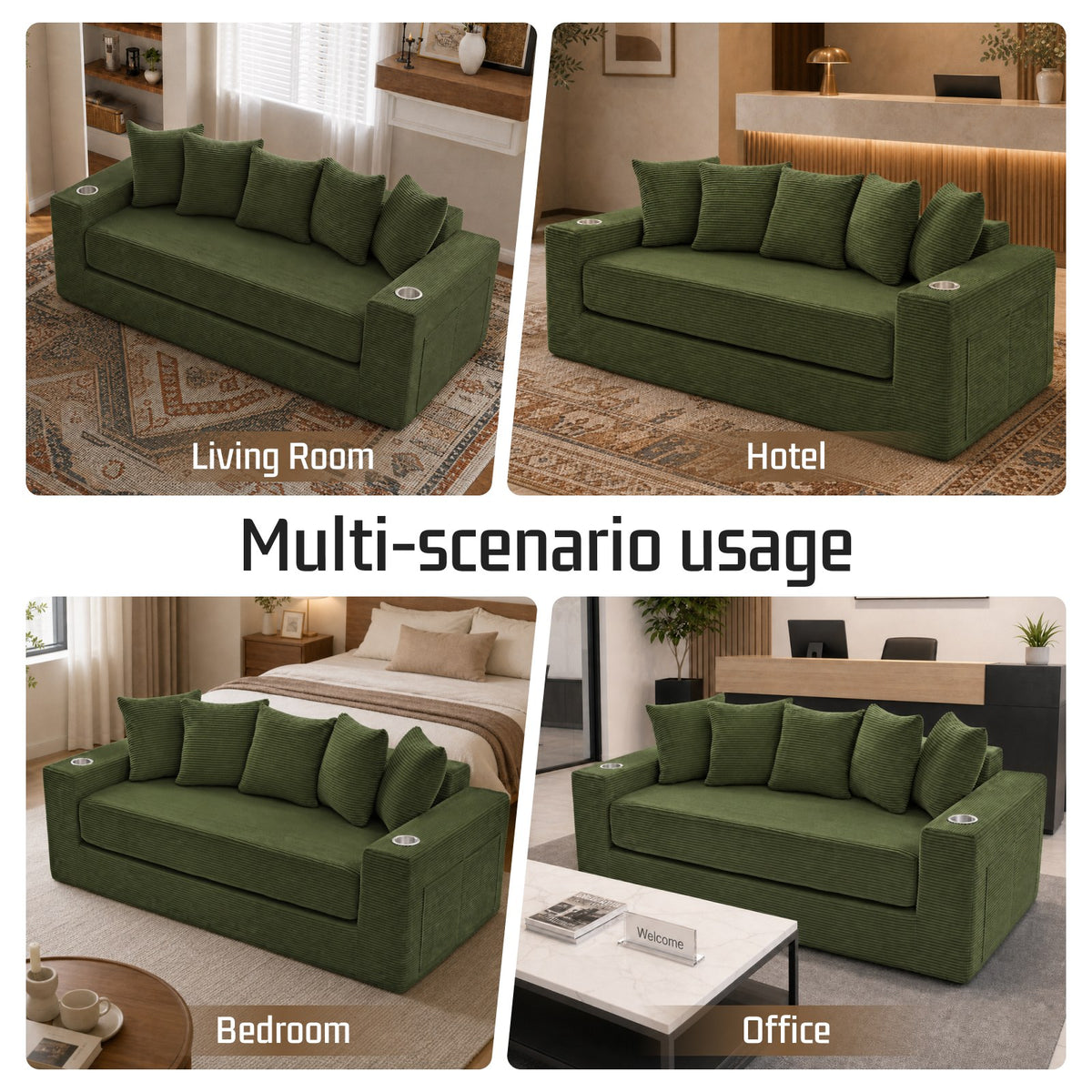 Corduroy Boneless Sofa Bed — 2-Seat, 76"W, 33"H — Green