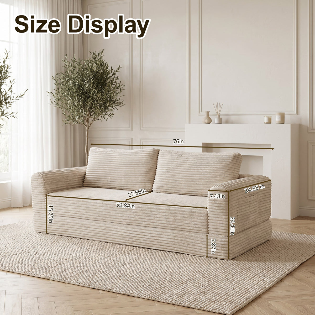 Corduroy Boneless Sofa Bed — 2-Seat, 76"W — Beige White