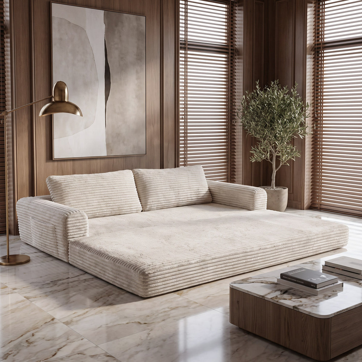 Corduroy Boneless Sofa Bed — 2-Seat, 76"W — Beige White